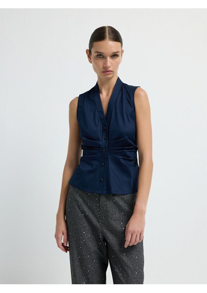 Büzgülü Düğmeli Bluz Lacivert 11543676003 indirimleri