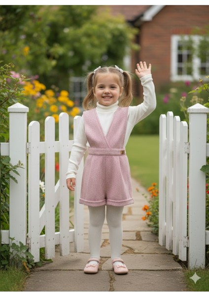 Kışlık Balıkçı Yaka Bluzlu Kız Çocuk Kruvaze Salopet Şort | Pembe Melanj Çoraplı Şık Üçlü Takım Seti