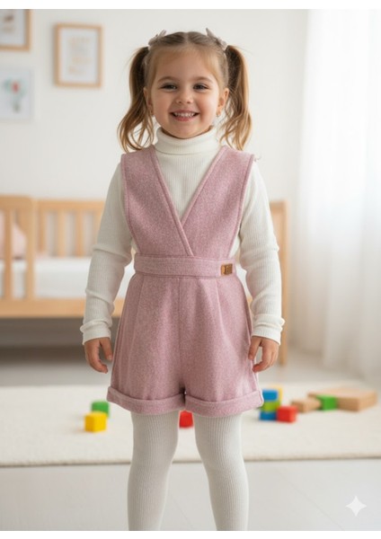 Kışlık Balıkçı Yaka Bluzlu Kız Çocuk Kruvaze Salopet Şort | Pembe Melanj Çoraplı Şık Üçlü Takım Seti fiyatları