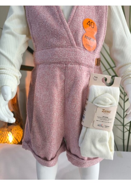 Kışlık Balıkçı Yaka Bluzlu Kız Çocuk Kruvaze Salopet Şort | Pembe Melanj Çoraplı Şık Üçlü Takım Seti indirimleri