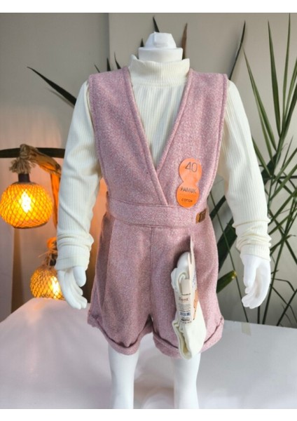 Kışlık Balıkçı Yaka Bluzlu Kız Çocuk Kruvaze Salopet Şort | Pembe Melanj Çoraplı Şık Üçlü Takım Seti