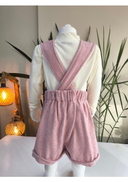 Kışlık Balıkçı Yaka Bluzlu Kız Çocuk Kruvaze Salopet Şort | Pembe Melanj Çoraplı Şık Üçlü Takım Seti