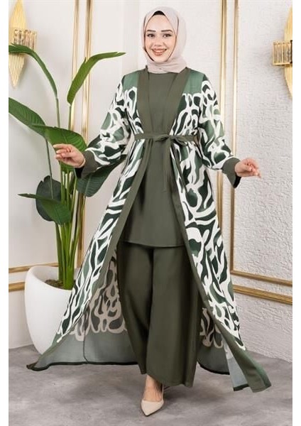 Desenli Üçlü Viskon Takım Haki̇ - 42