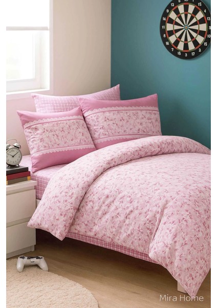 Pembe Çiçek Desenli Pamuklu Tek Kişilik Nevresim Takımı