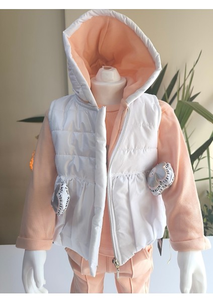 Kız Bebek Vikvik Oyuncaklı Üçlü Takım (Omuzdan Çıtçıtlısweatshirt+ Vikvikli Yelek+Pantolon)
