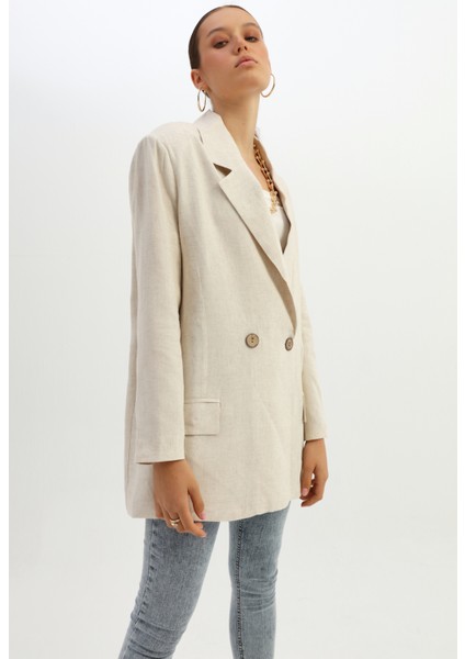 Kruvaze Yaka Tek Düğmeli Keten Blazer Ceket Naturel