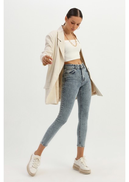 Kruvaze Yaka Tek Düğmeli Keten Blazer Ceket Naturel