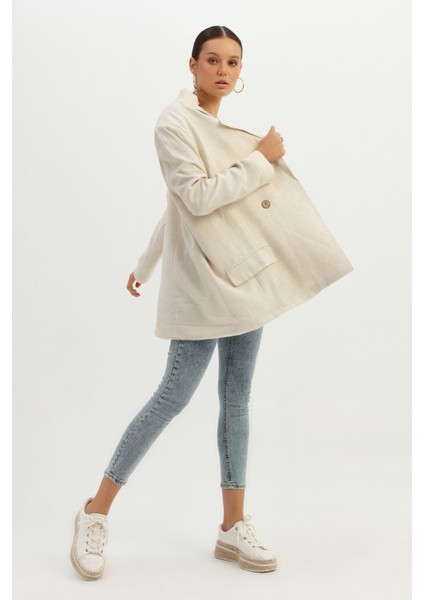 Kruvaze Yaka Tek Düğmeli Keten Blazer Ceket Naturel