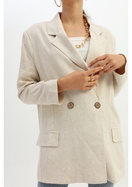 Kruvaze Yaka Tek Düğmeli Keten Blazer Ceket Naturel