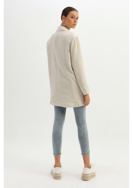 Kruvaze Yaka Tek Düğmeli Keten Blazer Ceket Naturel