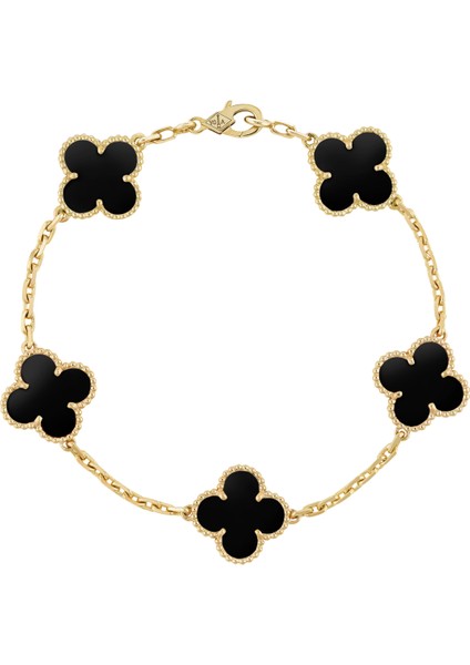 Van Cleef & Arpels Vintage Alhambra Bileklik, 5 Motif Yonca , Siyah Oniks Taşlı 925 Ayar Gümüş