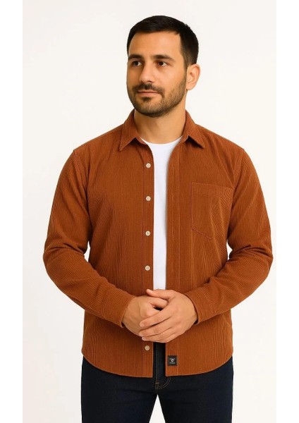 Erkek Fitilli Kadife Cepli Gömlek Oversize Rahat Kalıp - Kahverengi fırsatları