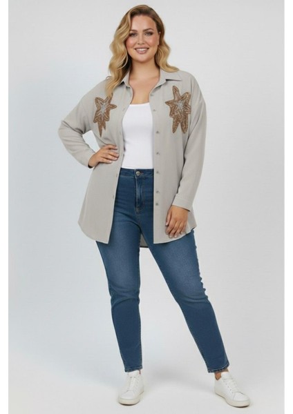 Kadın Büyük Beden Pul Payet Işlemeli Uzun Kollu Gömlek 1985-26