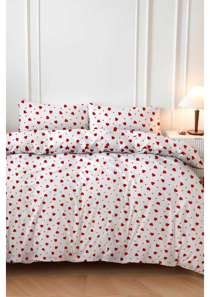 Kırmızı Kalpli Çift Kişilik Nevresim Takımı Pamuklu 160X200 cm