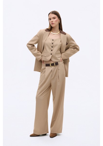 Kemerli Pileli Yüksek Bel Palazzo Pantolon Bej indirimleri