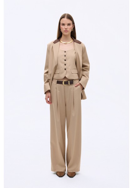 Kemerli Pileli Yüksek Bel Palazzo Pantolon Bej