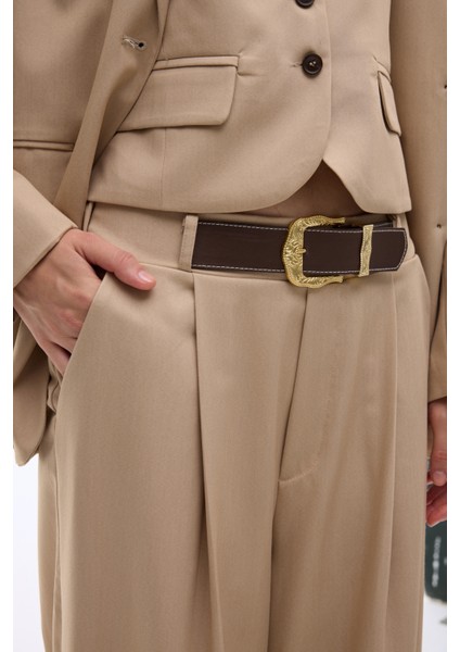 Kemerli Pileli Yüksek Bel Palazzo Pantolon Bej