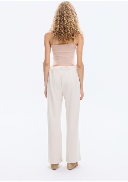 Dikiş Detaylı Yumuşak Dokulu Bol Paça Pantolon Bej