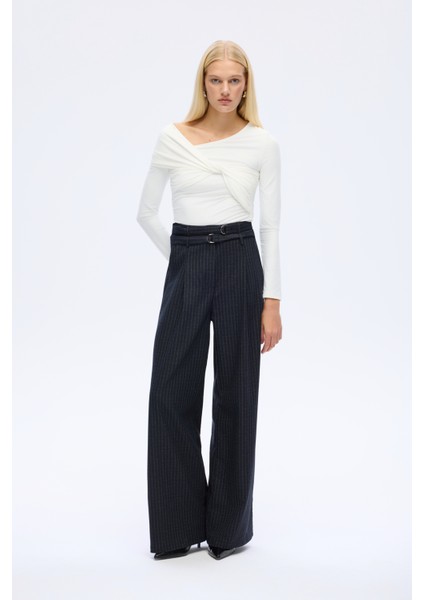 Çizgili Çift Kemerli Palazzo Pantolon Lacivert fiyatları