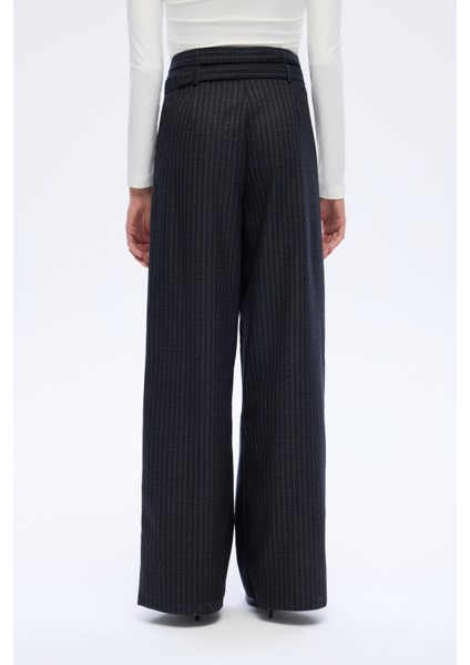 Çizgili Çift Kemerli Palazzo Pantolon Lacivert
