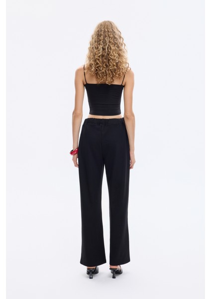 Dikiş Detaylı Yumuşak Dokulu Bol Paça Pantolon Siyah