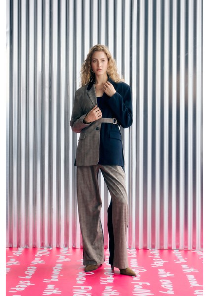 Ekose Garnili Bol Paça Pantolon Lacivert