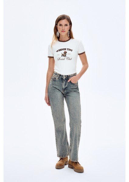 Yıkamalı Yüksek Bel Düz Paça Kot Pantolon Mavi fiyatları