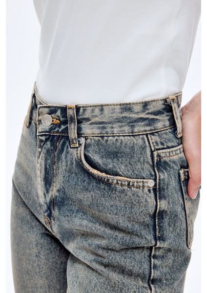 Yıkamalı Yüksek Bel Düz Paça Kot Pantolon Mavi fırsatları