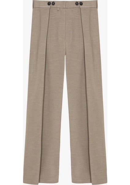 Düğme Detaylı Pileli Yüksek Bel Kumaş Pantolon Vizon