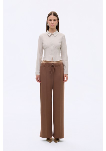Dikiş Detaylı Yumuşak Dokulu Bol Paça Pantolon Kahverengi