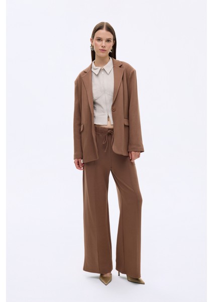 Dikiş Detaylı Yumuşak Dokulu Bol Paça Pantolon Kahverengi