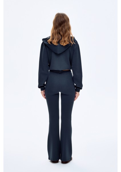 Beli Bağcıklı Dikiş Detaylı Ispanyol Paça Pantolon Lacivert