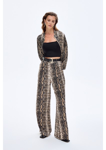 Yılan Desenli Kemerli Bol Paça Pantolon Kahverengi fırsatları