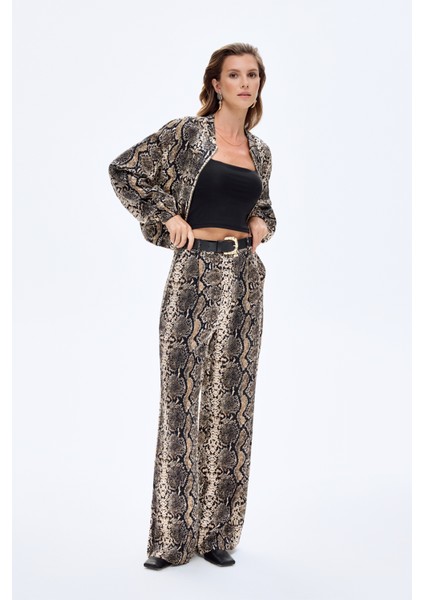 Yılan Desenli Kemerli Bol Paça Pantolon Kahverengi indirimleri