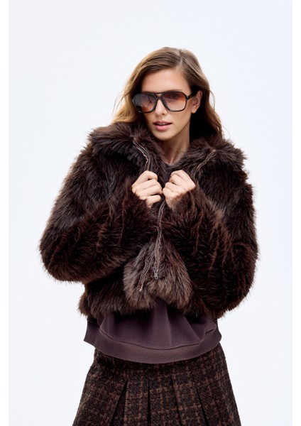 Fermuarlı Kısa Kürk Ceket Kahverengi fiyatları