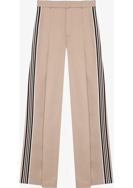 Şerit Detaylı Pileli Yüksek Bel Bol Paça Pantolon Bej