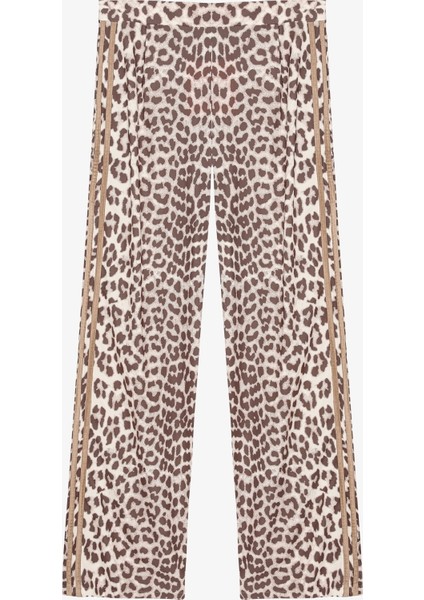 Leopar Desenli Şeritli Bol Paça Pantolon Kahverengi