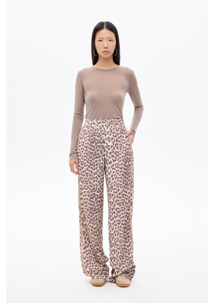 Leopar Desenli Şeritli Bol Paça Pantolon Kahverengi