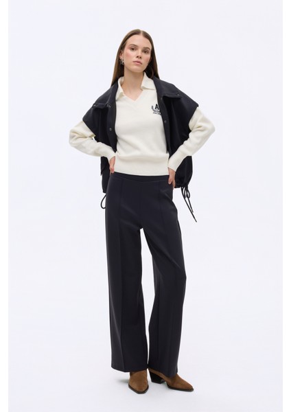 Dikiş Detaylı Yumuşak Dokulu Bol Paça Pantolon Siyah