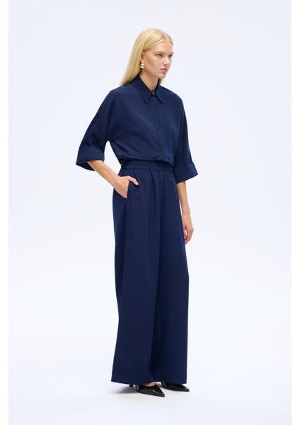 Beli Lastikli Bol Paça Yüksek Bel Pantolon Lacivert indirimleri