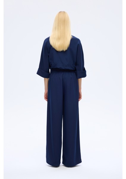 Beli Lastikli Bol Paça Yüksek Bel Pantolon Lacivert