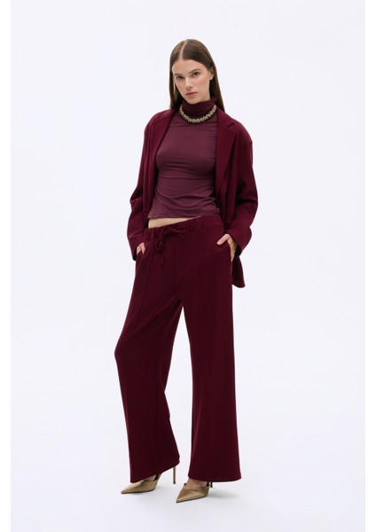 Dikiş Detaylı Yumuşak Dokulu Bol Paça Pantolon Vişne