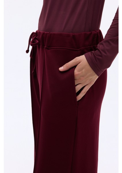 Dikiş Detaylı Yumuşak Dokulu Bol Paça Pantolon Vişne