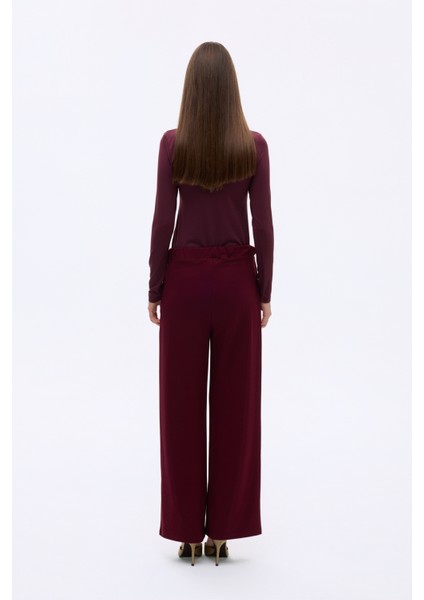 Dikiş Detaylı Yumuşak Dokulu Bol Paça Pantolon Vişne