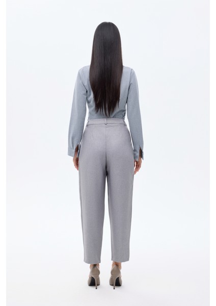 Yüksek Bel Pileli Havuç Pantolon Gri