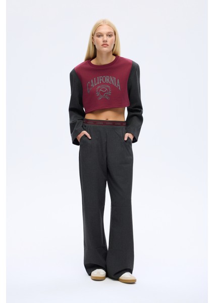 Pensli Şerit Bel Detaylı Bol Paça Pantolon Antrasit