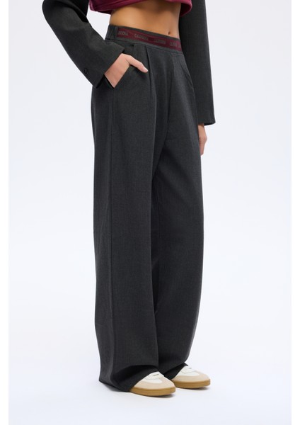 Pensli Şerit Bel Detaylı Bol Paça Pantolon Antrasit