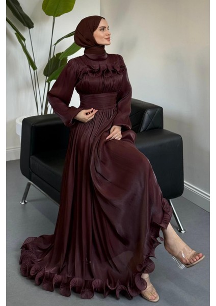 Maryam Altı ve Göğüs Kısmı Fırfırlı Janjan Abiye Çikolata Kahve