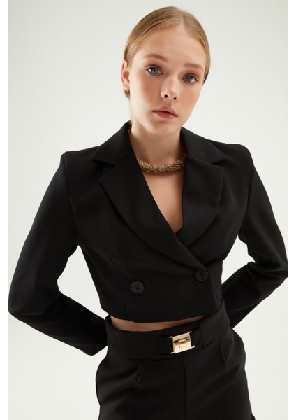 Kruvaze Crop Blazer Ceket Siyah