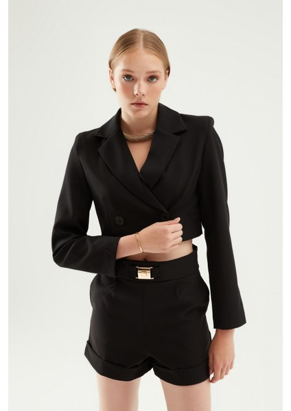 Kruvaze Crop Blazer Ceket Siyah